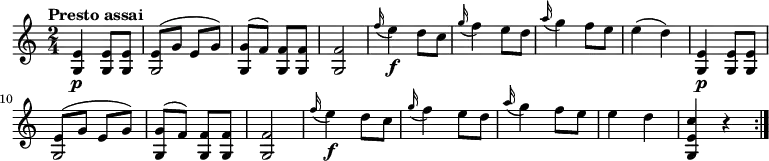 
\relative c'' {
 \version "2.18.2"
 \clef "treble" 
 \key c \major
 \time 2/4
 \tempo "Presto assai" 
   <g, e'>4  \p <g e'>8 <g e'>
   <<{e'8^(g e g)} {g,2}>>
   <g g'>8 ^(f')  <g, f'> <g f'>
   <g f'>2
   \grace f''16 (e4)  \f d8 c
   \grace g'16 (f4) e8 d
   \grace a'16 (g4) f8 e
   e4 (d)
   <g,, e'>4  \p <g e'>8 <g e'>
   <<{e'8^(g e g)} {g,2}>>
   <g g'>8 ^ (f')  <g, f'> <g f'>
   <g f'>2
   \grace f''16 (e4)  \f d8 c
   \grace g'16 (f4) e8 d
   \grace a'16 (g4) f8 e
   e4 d
   <g,, e' c'>4 r4 \bar ":|."
}
