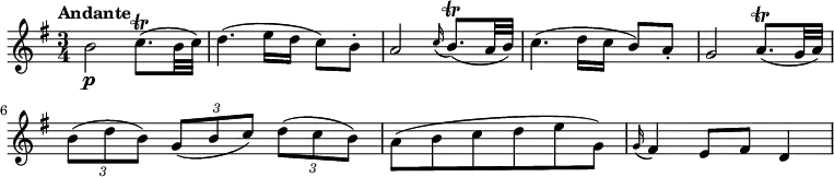 \relative c'' {
\version "2.18.2"
\key g \major
\time 3/4
\tempo "Andante"
b2\p c8.\trill (b32 c)
d4. (e16 d c8) b-.
a2 \grace c16 (b8.)\trill (a32 b)
c4. (d16 c b8) a-.
g2 a8.\trill (g32 a)
\tuplet 3/2 {b8 (d b)} \tuplet 3/2 {g8 (b c)} \tuplet 3/2 {d8 (c b)}
a8 (b c d e g,)
\grace g16 (fis4) e8 fis d4
}