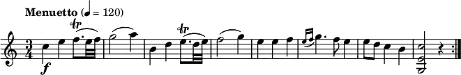 
\relative c' {
  \version "2.18.2"
  \key c \major
  \time 3/4
  \tempo "Menuetto" 4 = 120
  c'4\f e f8. \trill  (e32 f)  
  g2 (a4) b,4 d  e8. \trill  (d32 e) f2 (g4)
  e e f  \acciaccatura { e16 f }  g4. f8 e4 e8 d c4 b <g, e' c'>2 r4 \bar ":|."
}
