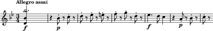 
\relative c''' {
  \key bes \major
  \time 3/4
  \tempo "Allegro assai"
  \tempo 4 = 100
  <<
    { bes2.\f | } \\
    { \stemUp <bes, d,>4 s2 | }
  >>
  r4 bes8-.\p r c-. r |
  d8-. r es-. r e-. r |
  f8-. r g-. r d-. r |
  es4.\f d8 c4 |
  r4 a8-.\p r bes-. r |
  c8-. r
}
