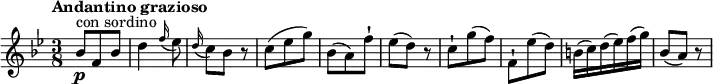 \relative c' {
\version "2.18.2"
\key bes \major
\tempo "Andantino grazioso"
\time 3/8
\tempo 4 = 50
bes'8\p ^\markup {con sordino} f bes
d4 \grace f16 (ees8)
\grace d16 (c8) bes r8
c8 (ees g)
bes, (a) f'-!
ees (d) r8
c-! g' (f)
f,-! ees' (d)
b16 (c) d (ees) f (g)
bes,8 (a) r8
}