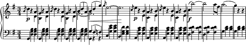 \relative c' {
\new PianoStaff <<
\new Staff { \key e \minor \time 3/4
<<
{
s16 \slashedGrace b'8 s4 b4\rest a g b4\rest a \slashedGrace b8 s4 b4\rest a g b4\rest a b( d a) b( d g) \slashedGrace g8 s2. s \slashedGrace c,8 s4 b4\rest b a b4\rest b \slashedGrace c8 s4 b4\rest b a b4\rest b
}
\\
{
s16 d4\p s4 d, b s d d'4 s4 d, b s d g2.~ g\< e'2.^~ e\! e4\p s4 e, c s e e'4 s4 e, c s e c'\f^( b'2^~) b a8-. fis-. a2.^( g4) b,4\rest b4\rest
}
>>
}
\new Dynamics {
}
\new Staff { \key e \minor \time 3/4 \clef bass
<<
{ s16 g,,4 s s g s s g s s g s s g s s g'( fis f) c s s b s s a s s a s s a s s a }
\\
{ s16 s4 <d g b> <d g b> s <d g b> <d g b> s <d g b> <d g b> s <d g b> <d g b> s <d g b> <d g b> g, r r s <g' c e> <g c e> s <e g d'> <e g d'> s <e a c> <e a c> s <e a c> <e a c> s <e a c> <e a c> s <e a c> <e a c> d <fis c' d> <fis c' d> d <fis c' d> <fis c' d> g <b d> <b d> g <b d> <b d> }
>>
}
>>
}