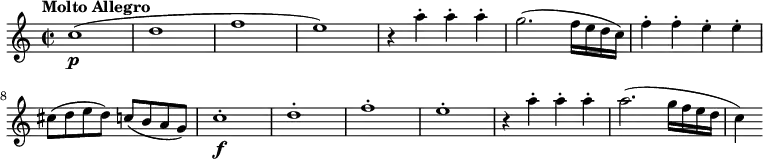 \relative c'' {
\version "2.18.2"
\set Staff.midiInstrument = "string ensemble 2"
\key c \major
\time 2/2
\tempo "Molto Allegro"
\tempo 4 = 210
c1\p ( d f e)
r4 a4-. a-. a-.
g2. (f16 e d c)
f4-. f-. e-. e-.
cis8 (d e d) c (b a g)
c1-.\f d-. f-. e-.
r4 a4-. a-. a-.
a2. (g16 f e d c4)
}