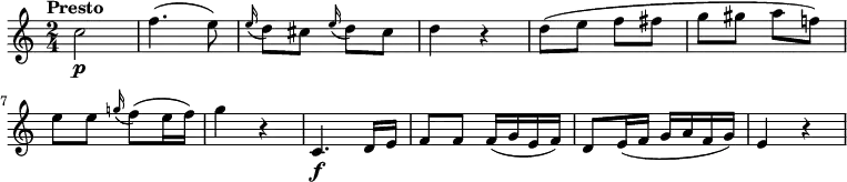 
\relative c'' {
   \version "2.18.2"
   \key c \major
   \time 2/4
   \tempo "Presto"
   \tempo 4 = 120
  c2\p f4. (e8)
  \grace e16 (d8) cis \grace e16 (d8) cis
  d4 r4
  d8 (e f fis g gis a f!)
  e e \grace g!16 (f8) (e16 f)
  g4 r4
  c,,4.\f d16 e
  f8 f f16 (g e f)
  d8 e16 (f g a f g)
  e4 r4
  }
