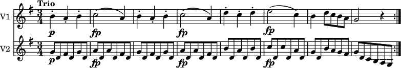 <<
\new Staff \with { instrumentName = #"V1 "}
\relative c'' {
\version "2.18.2"
\key g \major
\time 3/4
\tempo "Trio"
b4-.\p a-. b-.
c2\fp (a4)
b4-. a-. b-.
c2\fp (a4)
d4-. c-. d-.
e2\fp (c4)
b d8 c b a
g2 r4 \bar ":|."
}
\new Staff \with { instrumentName = #"V2 "}
\relative c'' {
\key g \major
\time 3/4
g8 \p d fis d g d
a' \fp d, a' d, fis d
g d fis d g d
a' \fp d, a' d, fis d
b' d, a' d, b' d,
c' \fp d, c' d, a' d,
g d b' a g fis
g d c b a g \bar ":|."
}
>>