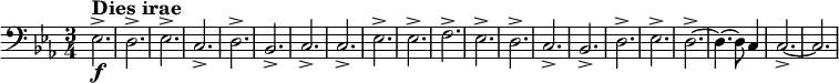 \relative c {
\set Score.tempoHideNote = ##t \tempo 2 = 72
\set Staff.midiInstrument = #"tuba"
\set Score.currentBarNumber = #127
\key c \minor
\time 3/4
\clef bass
es2.->\f^\markup { \large \bold "Dies irae" }
d->
es->
c->
d->
bes->
c->
c->
es->
es->
f->
es->
d->
c->
bes->
d->
es->
d~->
d4.~ d8 c4
c2.~->
c2.
}
