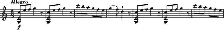 
\relative c'' {
    \version "2.18.2"
    \key c \major
    \tempo "Allegro"
    \time 6/8
    \tempo 4 = 120
    <g, e' c'>8 \f [e''8 f] g4 r8
    <g,, e' c'>8  [e''8 f] g4 r8
    c8 b a g f e
    g4 (f8) d4-! r8
    <g,, e' c'>8  [e''8 f] g4 r8
    <g,, e' c'>8  [e''8 f] g4 r8
    c8 b a g f e
  }
