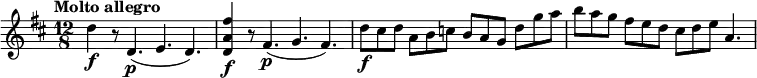 \relative c' {
\version "2.18.2"
\tempo "Molto allegro"
\key d \major
\time 12/8
d'4\f r8 d,4.\p (e4. d4.) <d a' fis'>4\f r8 fis4.\p (g4. fis4.)
d'8\f cis d a b c b a g d' g a
b a g fis e d cis d e a,4.
}