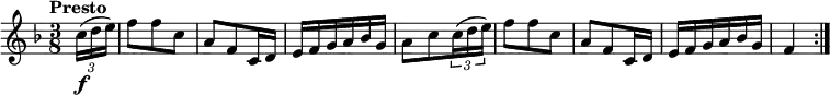 
\relative c'' {
 \version "2.18.2"
 \key f \major
 \time 3/8
 \tempo "Presto"
 \tempo 4 = 130
   \partial 8 \tuplet 3/2 { c16 \f (d e )} f8 f c a f c16 d
   e f g a bes g
   a8 c \tuplet 3/2 { c16 (d e )} f8 f c a f c16 d
   e f g a bes g
   f4 \bar ":|."
}
