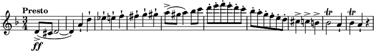 
{
  \new PianoStaff <<
    \new Staff \relative d' {
      \set Staff.midiInstrument = #"string ensemble 1" \key d \minor \clef treble \time 3/4 \set Score.tempoHideNote = ##t \tempo "Presto" 4 = 250
  d8 \ff ( -> cis8 d2 ~ | % 2
  d4 ) a'4 -! d4 -! | % 3
  es4 -! e4 -! f4 -! | % 4
  fis4 -! g4 -! gis4 -! | % 5
  a8 ( -> gis8 a4 ) bes8 c8 | % 6
  d8 -. e8 -. f8 -. e8 -. d8 -. c8 -. | % 7
  bes8 -. a8 -. g8 -. f8 -. e8 -. d8 -. | % 8
  cis4 -> c4 -> b4 -> | % 9
  bes2 \trill a4 -! |
  bes4 \trill a4 -! r4
    }
  >>
}
