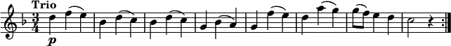 \relative c'' {
\version "2.18.2"
\clef "treble"
\key f \major
\time 3/4
\tempo "Trio"
d4\p f (e)
bes d (c)
bes d (c)
g bes (a)
g f' (e)
d a' (g)
g8 (f) e4 d
c2 r4 \bar ":|."
}