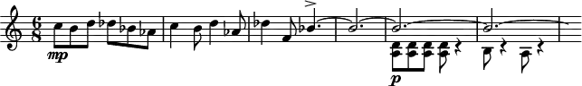 \version "2.18.2"
\header {
tagline = ##f
}
\score {
\new Staff \with {
}
<<
\relative c'' {
\key c \major
\time 6/8
\tempo 4. = 120
\override TupletBracket #'bracket-visibility = ##f
% thème mvt 1
c8\mp b d des bes aes c4 b8 d4 aes8 des4 f,8
<< { bes4.~-> bes2.~ bes~ bes~ \hideNotes bes8 } \\ { s4.*3 < a, d >8\p < a d > q q r4 b8 r4 a8 r4 } >>
}
>>
\layout {
\context { \Score \remove "Metronome_mark_engraver" }
}
\midi {}
}