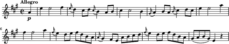 \relative c'' {
\version "2.18.2"
\key a \major
\tempo "Allegro"
\time 2/2
\tempo 4 = 130
\partial2 \partial4 a4\p e'4 e2 fis4
\grace e16 (d4) cis8 d \grace cis16 (b4) a8 b
cis4 cis2 b4
\grace gis16 (a4) b8 a \grace b16 (cis4) d8 cis
e4 e2 a4 fis4 fis2 a4
\grace fis16 (e4) d8 e fis d b a
\grace a16 (gis4) fis8 e a b cis d
\grace fis16 (e4) d8 e fis d b a
gis (a b gis) e4 r4
}