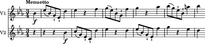 
<<
  \new Staff \with { instrumentName = #"V1 "} 
  \relative c'' {
    \version "2.18.2"
    \key ees  \major 
    \tempo "Menuetto"
    \time 3/4
    \tempo 4 = 110	
     \partial4 \partial4 bes4\f ees8 (bes ) g-! ees-! d'4
     ees4 r4 f
     g8 (ees) bes-! g-! f'4
     g r4 aes 
     bes8 (g) ees-! bes-! a'4 bes
}
\new Staff \with { instrumentName = #"V2 "} \relative c'' {
    \key ees  \major 
    \tempo "Menuetto"
    \time 3/4
     \partial4 \partial4 r4 r4 r4 bes4\f
     c8 (g) ees-! c-! d'4
     ees4 r4 d
     ees8 (bes) g-! ees-!
     f'4 g r4 ees d
}
>>
