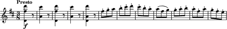 \relative c'' {
\version "2.18.2"
\key d \major
\time 3/8
\tempo "Presto"
<d, fis' d'>4\f r8
<a' cis'>4 r8
<d, fis' d'>4 r8
<a' cis'>4 r8
<d, a' d'>4 r8
fis'-. g-.-. a
b-. cis-. d-.
cis-. b-. a-.
a (fis g)
g-. a-. b-.
a-. fis-. a-.
g-. fis-. e-.
}