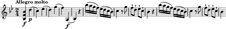 \relative c'' {
\version "2.18.2"
\clef "treble"
\tempo "Allegro molto"
\key bes \major
\time 2/4
<bes, f' bes>4\f d'\p
(c) ees
(d) g
(f) a,,\f
(bes) r4
bes''16 (a g f) ees (d c bes)
c4 r8 g'8
f-! d-! ees-! c-!
bes 4 r4
bes'16 (a g f) ees (d c bes)
c4 r8 g'8
f-! d-! ees-! c-!
bes4
}