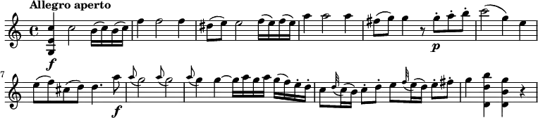 \relative c'' {
\version "2.18.2"
\key c \major
\time 4/4
\tempo "Allegro aperto"
\tempo 4 = 110
<g, e' c'>4 \f c'2 b16 (c) b (c)
f4 f2 f4
dis8 (e) e2 f16 (e) f (e)
a4 a2 a4
fis8 (g) g4 r8 g-. \p a-. b-. c2 (g4) e
e8 (f) cis (d) d4. a'8\f
\grace a8 (g2) \grace a8 (g2)
\grace a8 (g4) g4 ~ g16 a g a g (f) e-. d-.
c8 \grace d32 (c16) (b) c8-. d-. e \grace f32 (e16) (d) e8-. fis-.
g4 <d, d' b'>4 <d b' g'> r
}