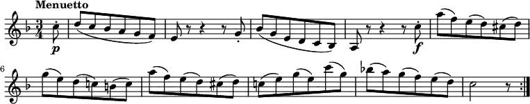 \relative c' {
\version "2.18.2"
\key f \major
\time 3/4
\tempo "Menuetto"
\partial 8 c'8-.\p d (c bes a g f)
e r8 r4 r8 g-.
bes (g e d c bes)
a r8 r4 r8 c'8-.\f
a' (f) e (d) cis (d)
g (e) d (c!) b (c)
a' (f) e (d) cis (d)
c! (e) g (e) c' (g)
bes! (a) g (f) e (d)
c2 r8 \bar ":|."
}