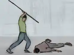 Ilustración que muestra a un integrante del grupo paramilitar Los Halcones golpeando con una vara de bambú a un manifestante caído en el suelo, en la represión del 10 de junio de 1971 en la Ciudad de México.