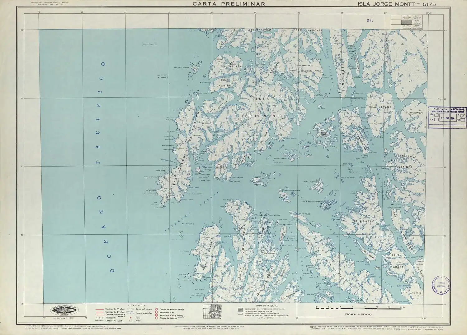 La isla Evans en un mapa publicado por el Instituto Geográfico Militar (Chile) el año 1954.