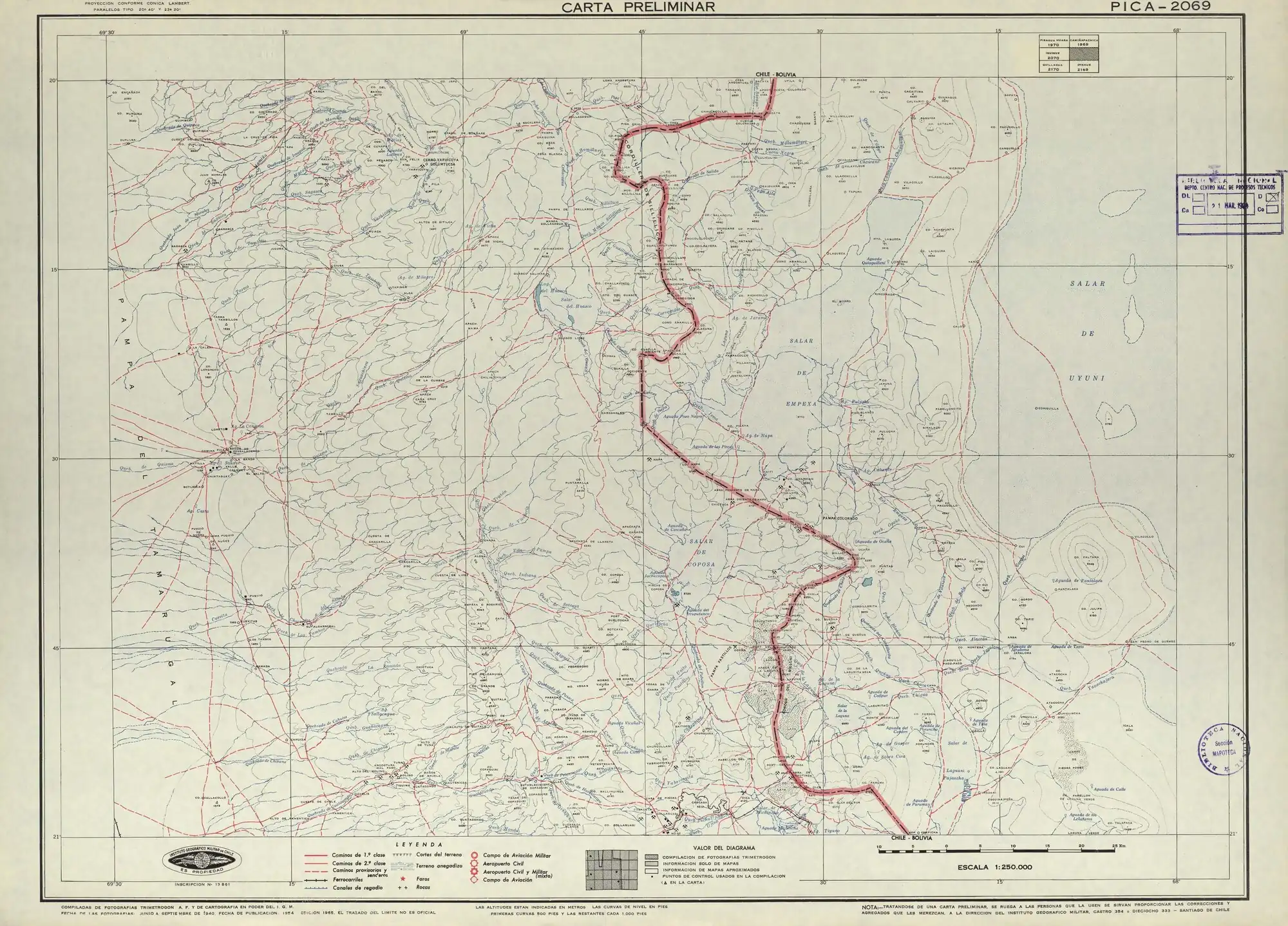 Cuenca de la quebrada Juan de Morales en una sección de un mapa del Instituto Geográfico Militar de Chile publicado en 1954 con una escala de 1:250000.