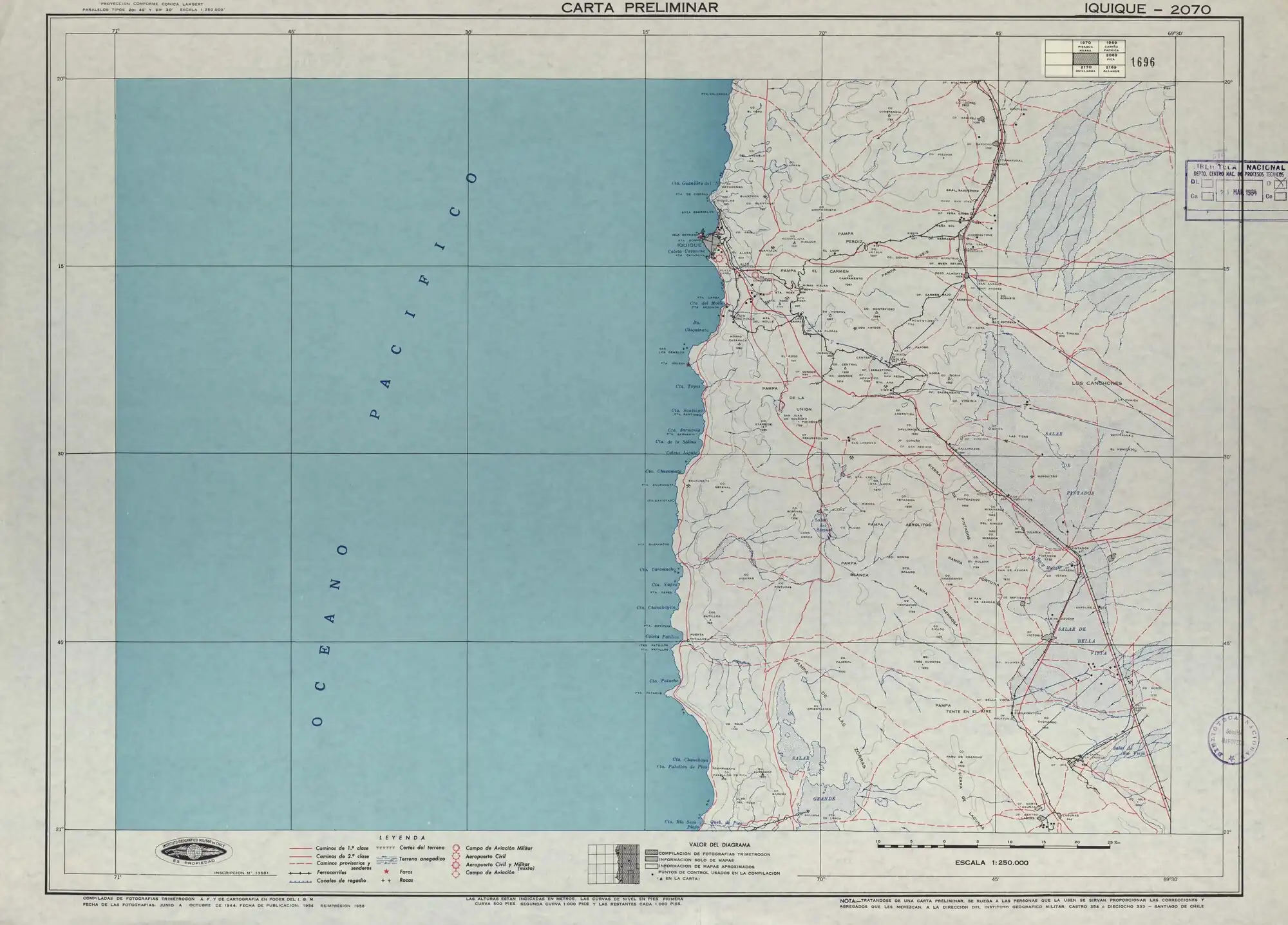 Punta Patache en una sección de un mapa del Instituto Geográfico Militar de Chile publicado en 1953 con una escala de 1:250000.