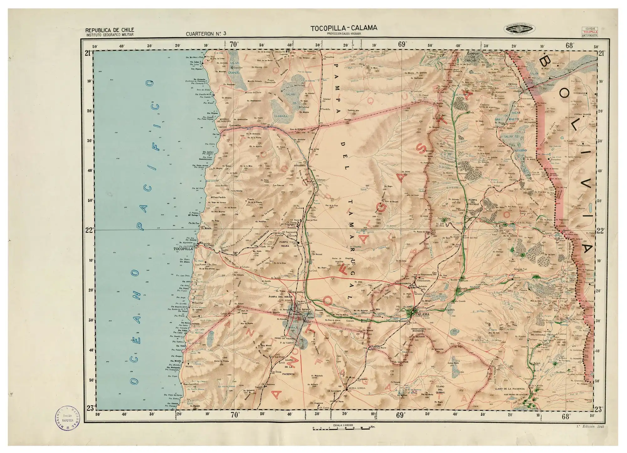 Mapa del norte del salar, entre los paralelos 22°20' S y 23°S, publicado en 1945 con una escala de 1:500000 por el Instituto Geográfico Militar de Chile. En el extremo inferior izquierdo se aprecia el poblado San Pedro de Atacama.