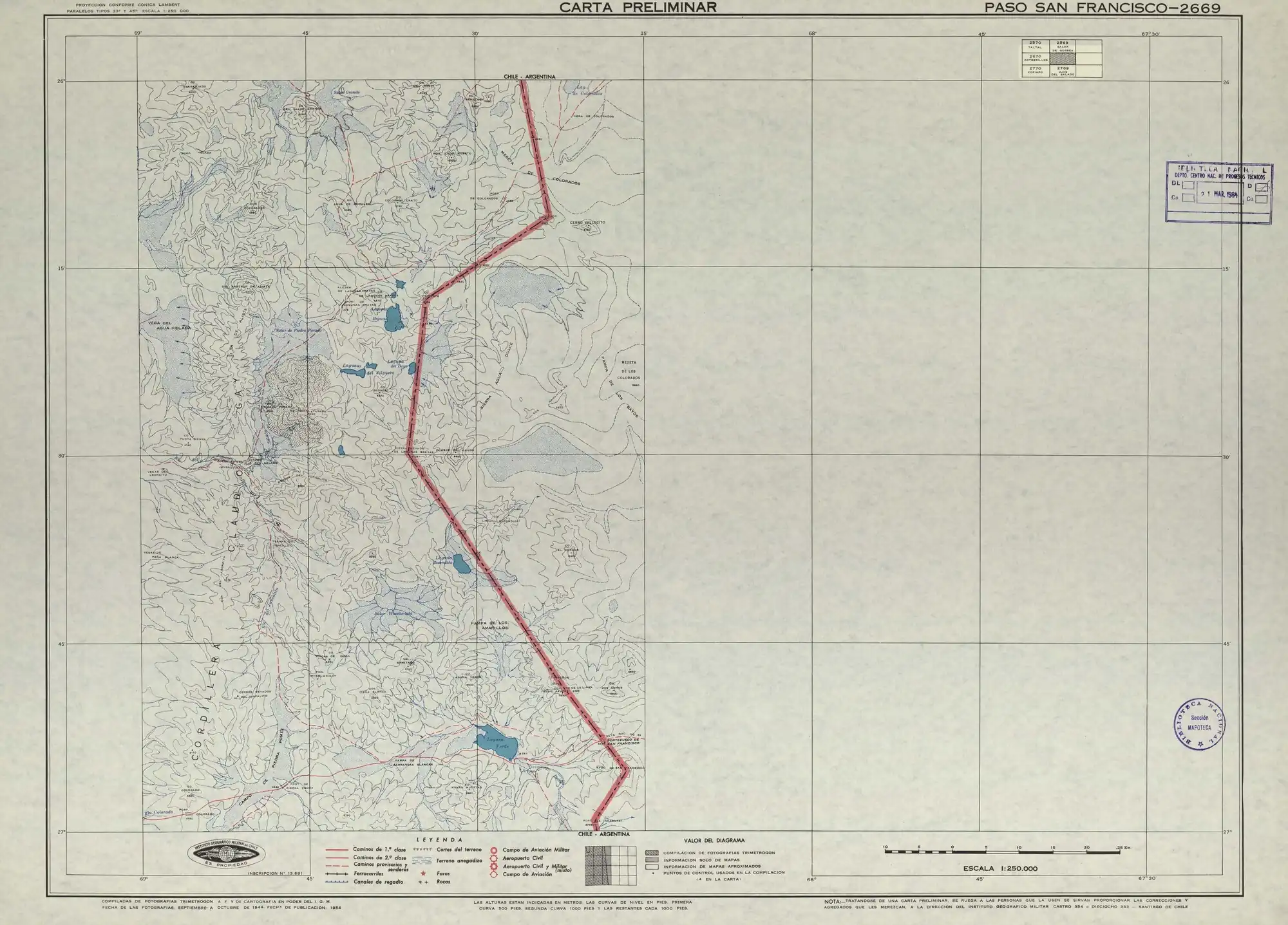 Mapa del Instituto Geográfico Militar (Chile) publicado en 1954 con un escala de 1:250000