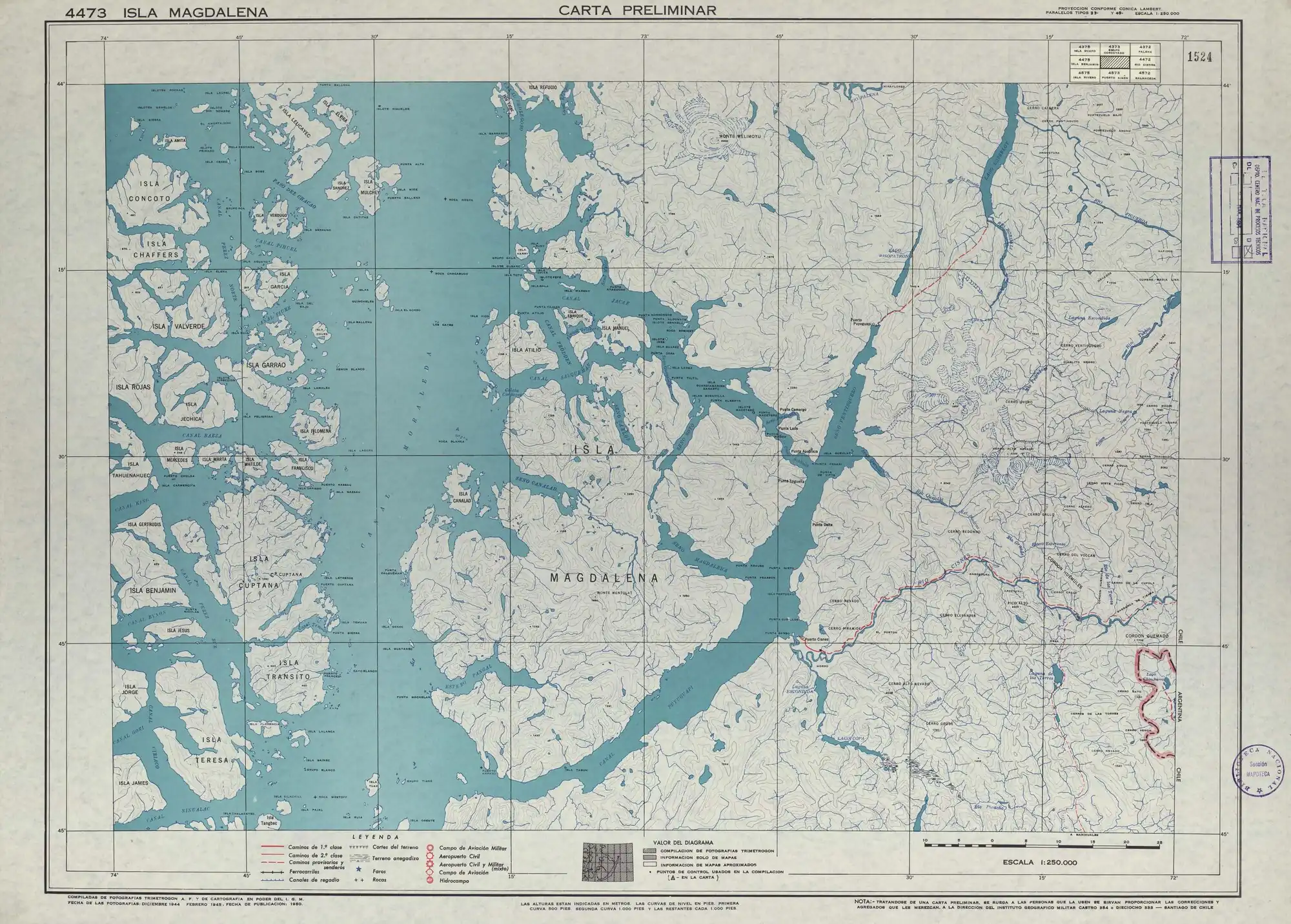 Río Risopatrón en un mapa del Instituto Geográfico Militar (Chile) publicado en 1950 en una escala de 1:250000.