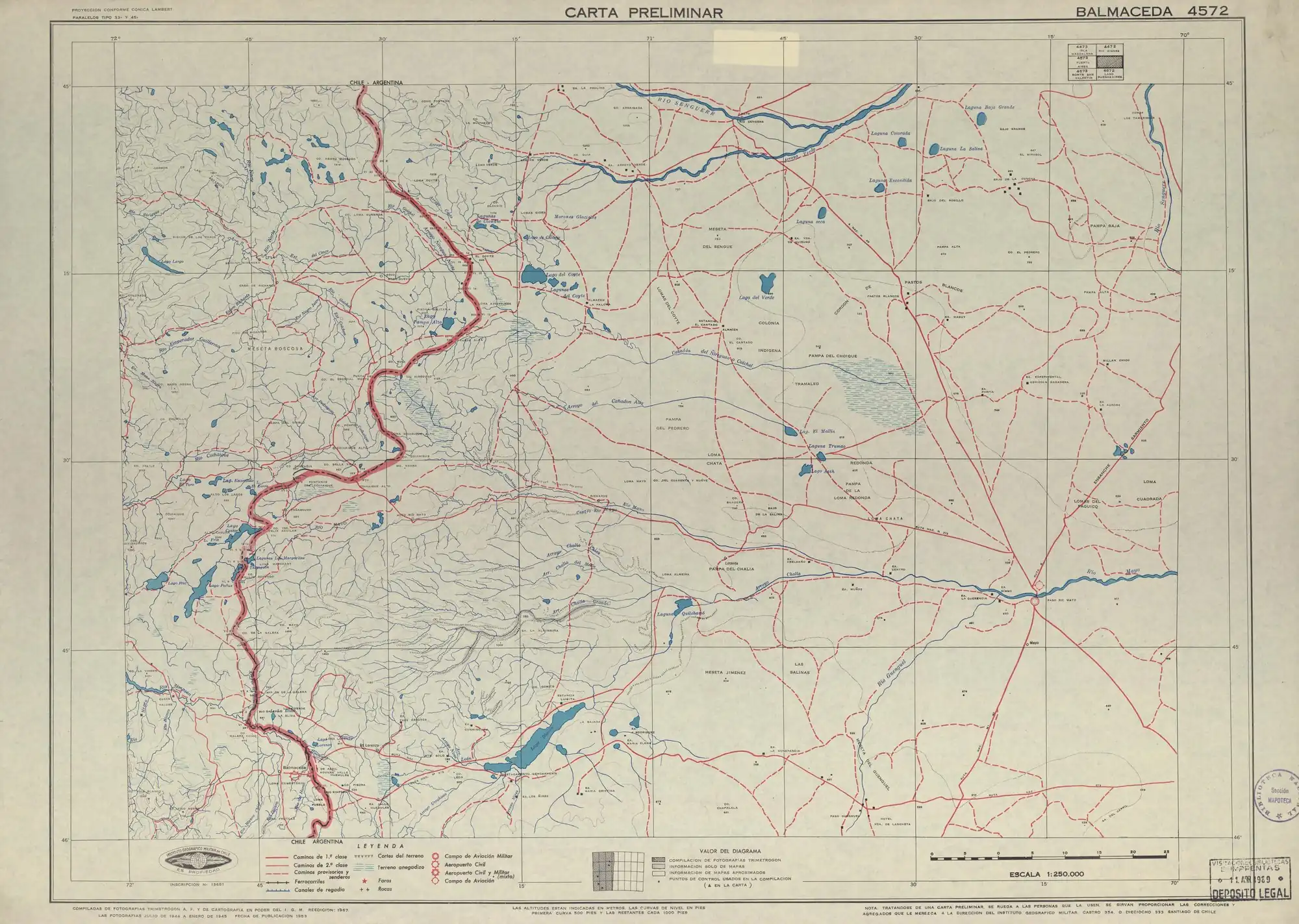 Mapa de la zona publicado por el Instituto Geográfico Militar (Chile) en 1953 en una escala de 1:250000.