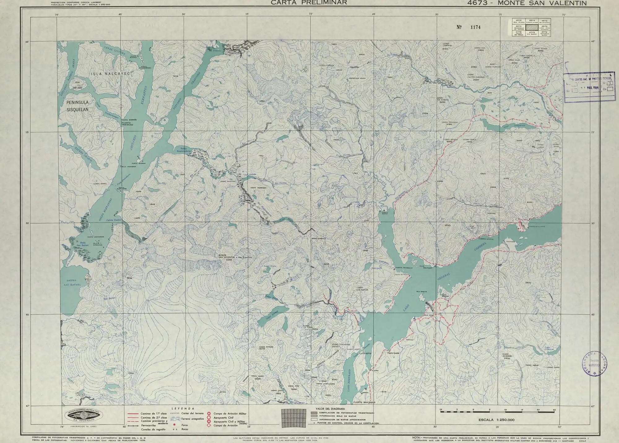 Sección de un mapa de la zona publicado por el Instituto Geográfico Militar de Chile en una escala de 1:250000. Ver también la continuación hacia el sur de la serie de mapas.