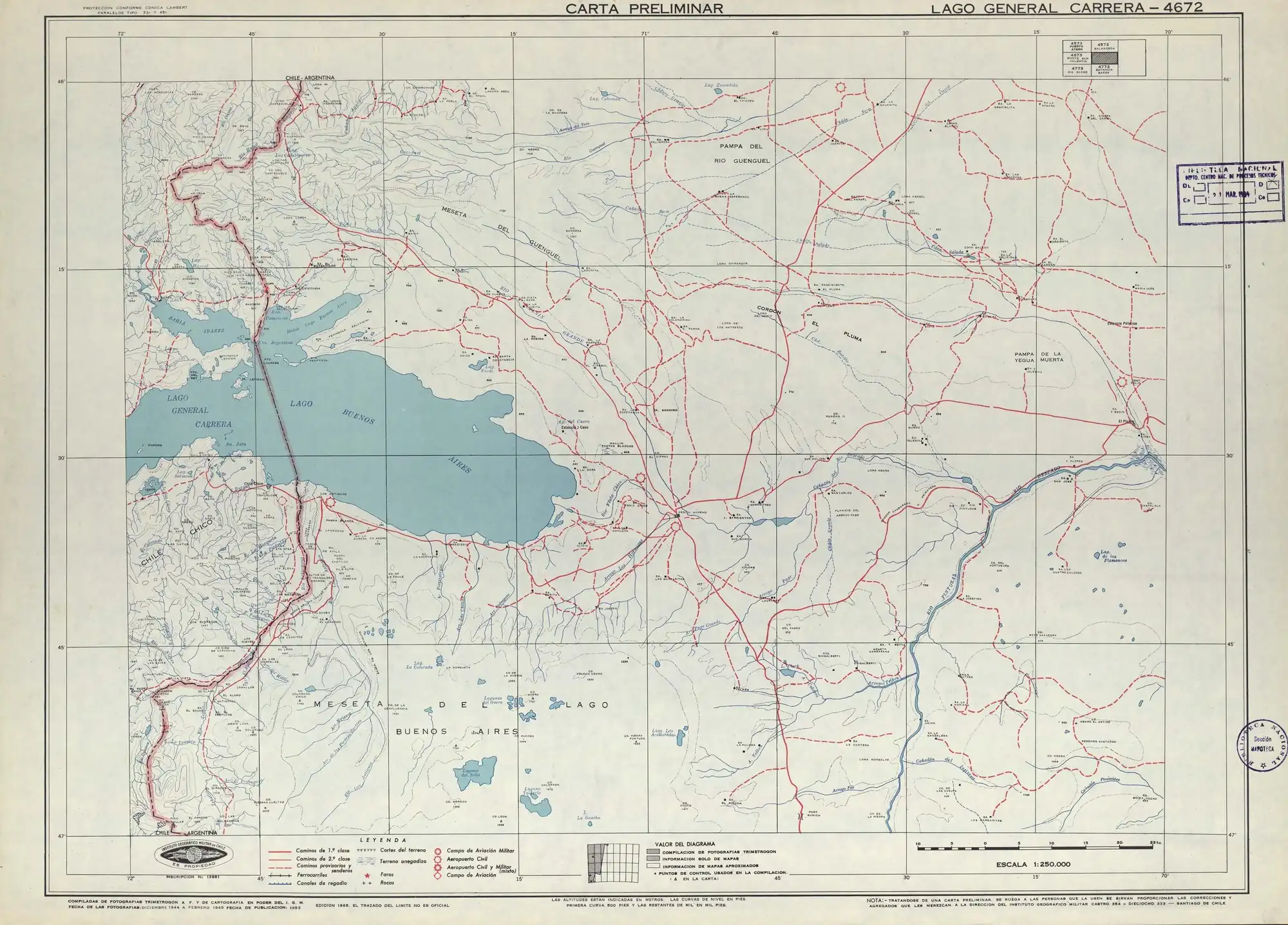 El río Jeinimeni en un mapa del Instituto Geográfico Militar (Chile) publicado en 1953 en escala de 1:250.000.