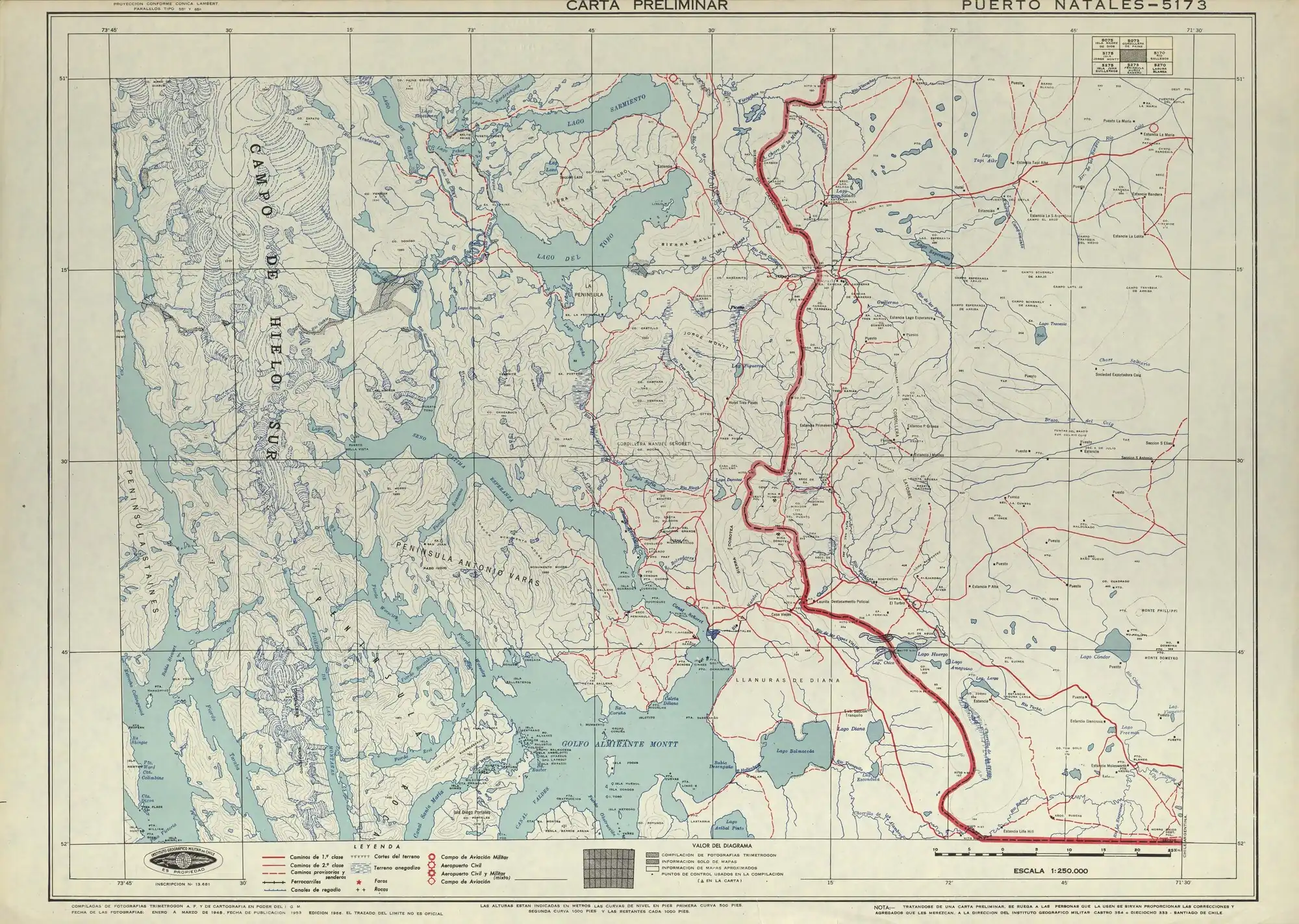 El río Hollenberg en un mapa del Instituto Geográfico Militar de Chile elaborado en 1953 con una escala de 1:250000.