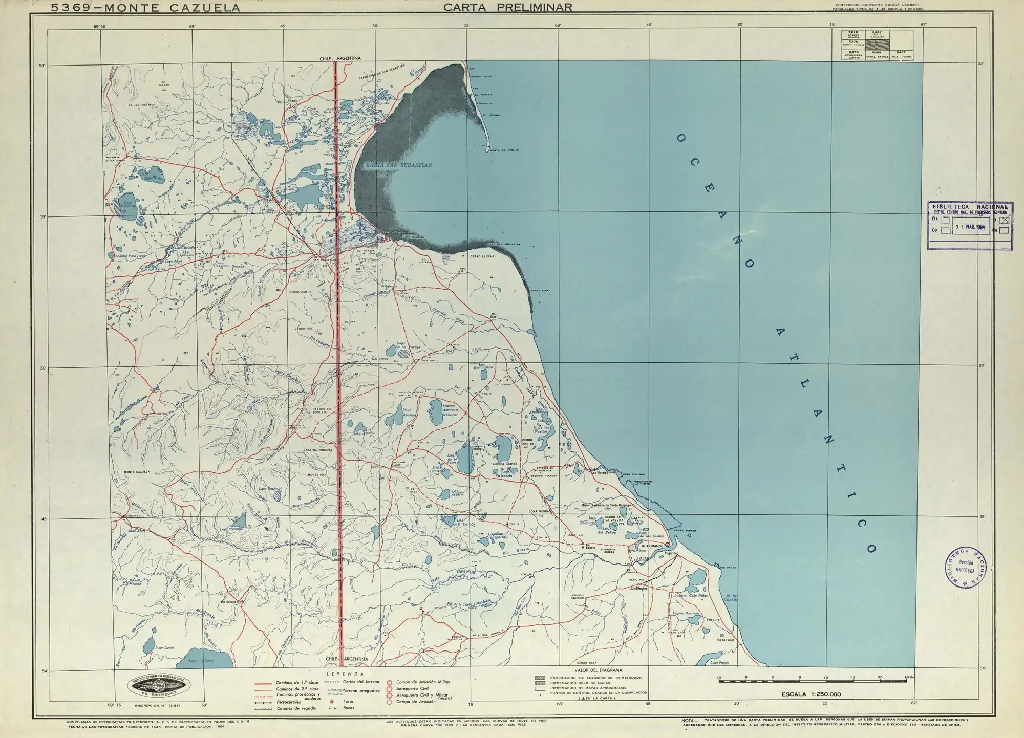Sección del mapa del Instituto Geográfico Militar de Chile publicado en 1954 con una escala de 1:250000 desde el monte Cazuela hasta casi la confluencia del río Moneta con el Grande.
