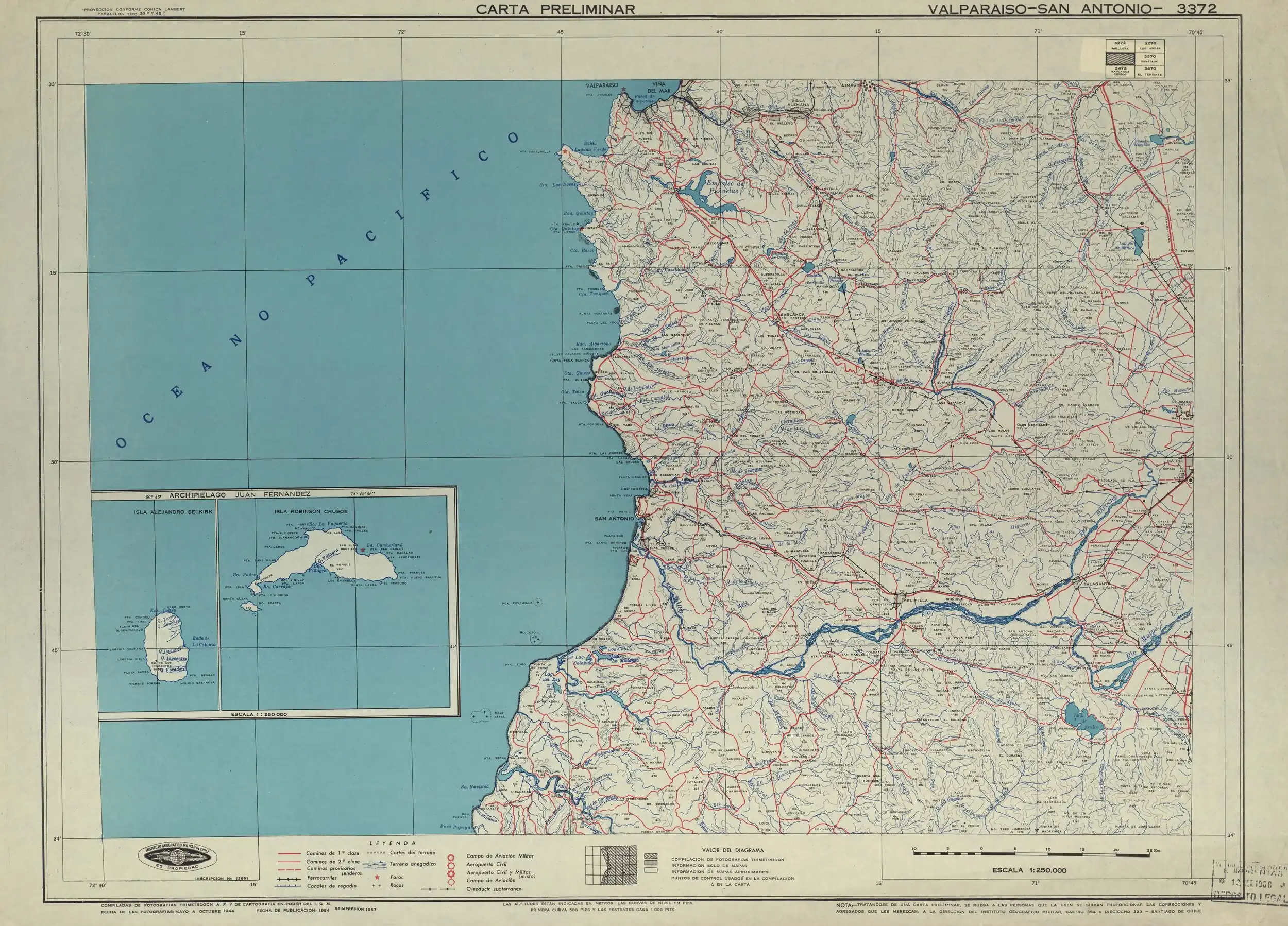Mapa de la zona publicado por el Instituto Geográfico Militar (Chile) en 1950 en una escala de 1:250000.