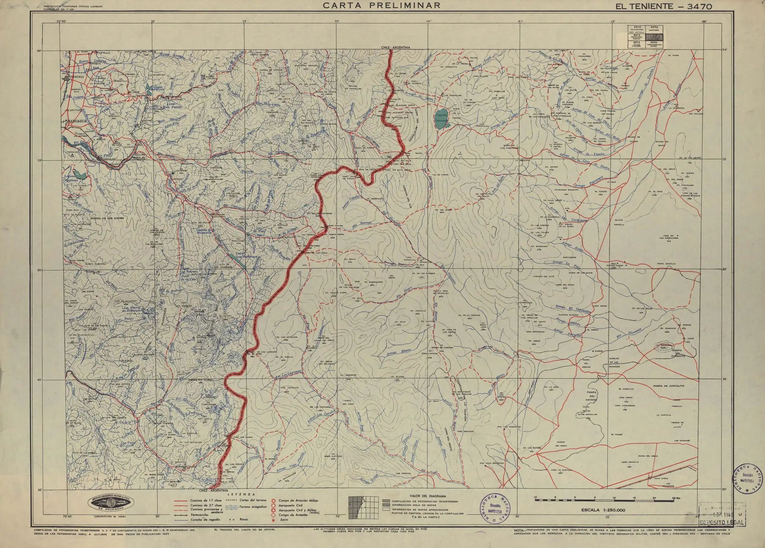 El estero de los Humos en la cuenca alta del río Tinguiririca en una sección de un mapa publicado por el Instituto Geográfico Militar de Chile en 1967