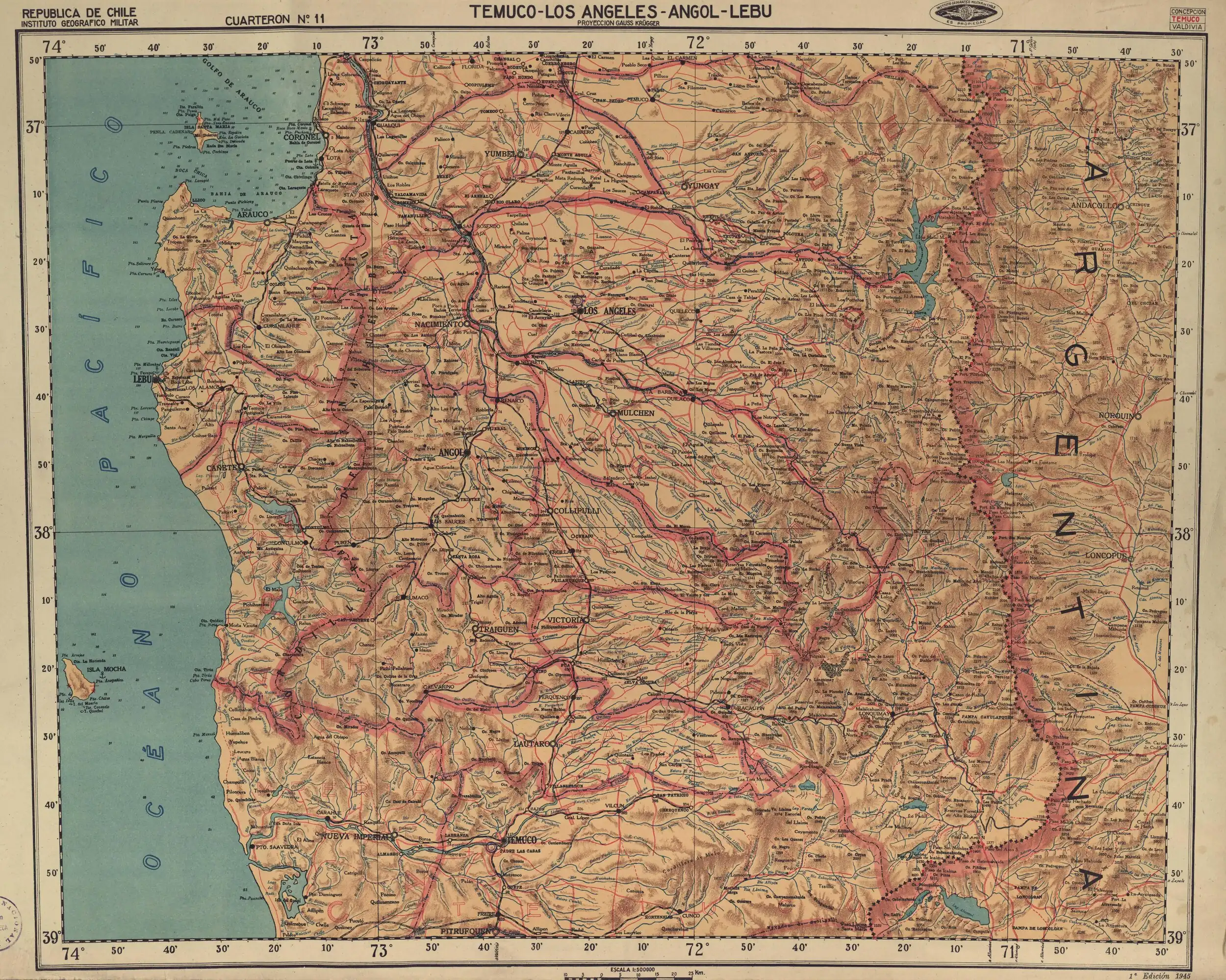 Termas de Tolhuaca, en el extremo derecho de la sección de un mapa del Instituto Geográfico Militar de Chile publicado en 1945 con una escala 1:500000..