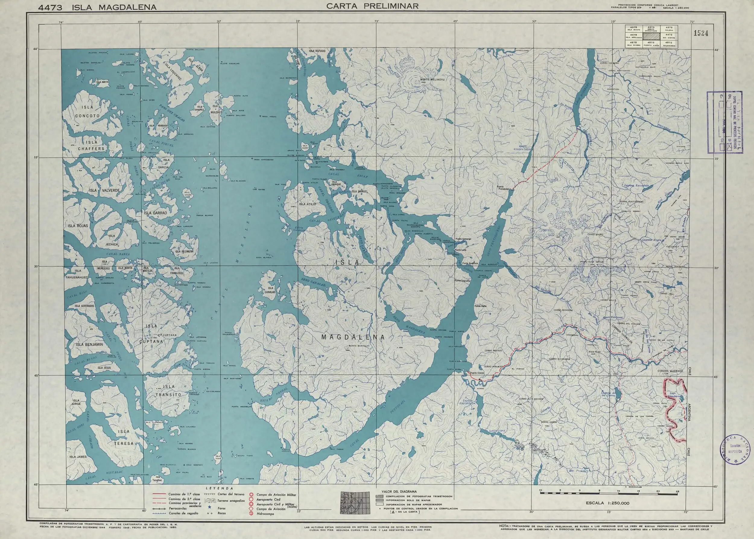 Sección de un mapa de la zona publicado por el Instituto Geográfico Militar de Chile en 1950 con una escala de 1:250000.