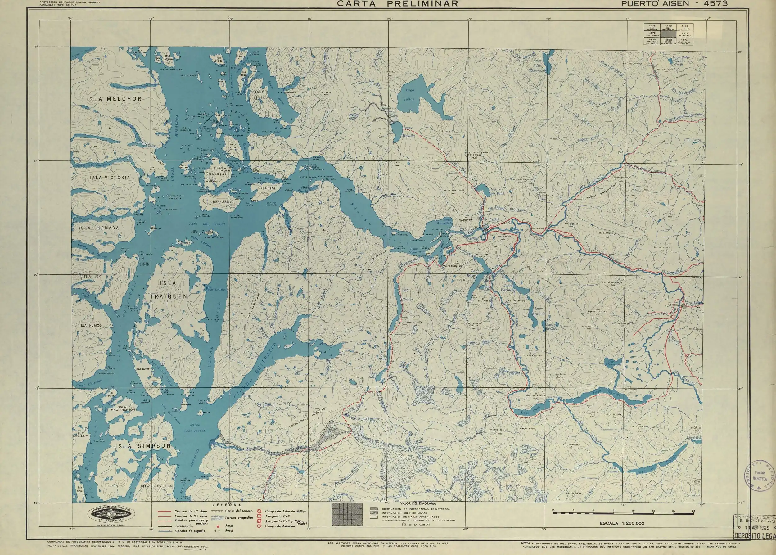 Mapa de la zona publicado por el Instituto Geográfico Militar (Chile) en 1953 en una escala de 1:250000. La laguna Vera, que no lleva nombre en el mapa, es la que está ubicada en el extremo inferior derecho de la sección del mapa. Se puede encontrar en el mapa de ubicación.