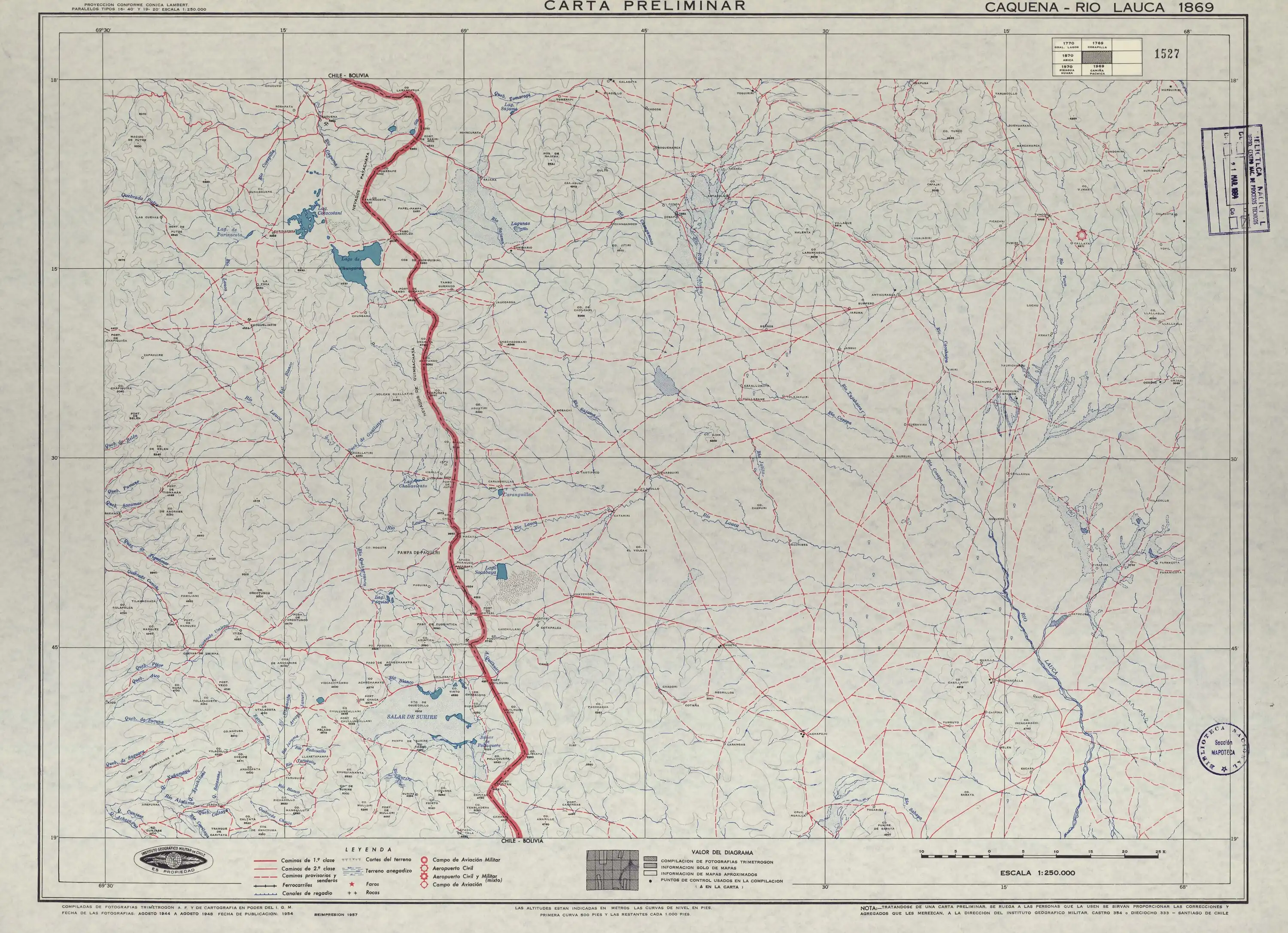 Mapa de la zona publicado por el Instituto Geográfico Militar (Chile) en 1954 en una escala de 1:250000.