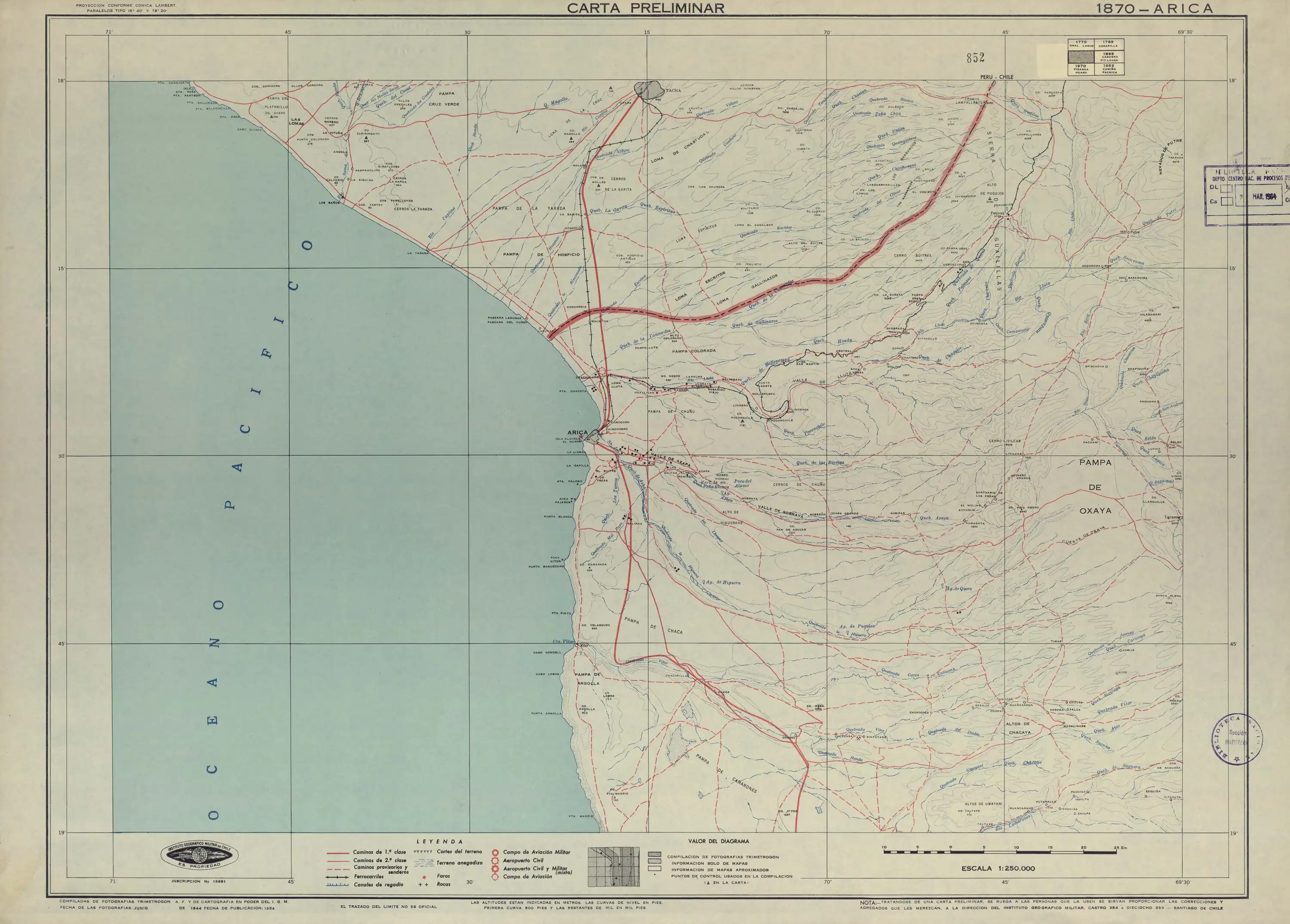 La quebrada Guailas en un mapa del Instituto Geográfico Militar de Chile publicado en 1954 en una escala de 1:250000.