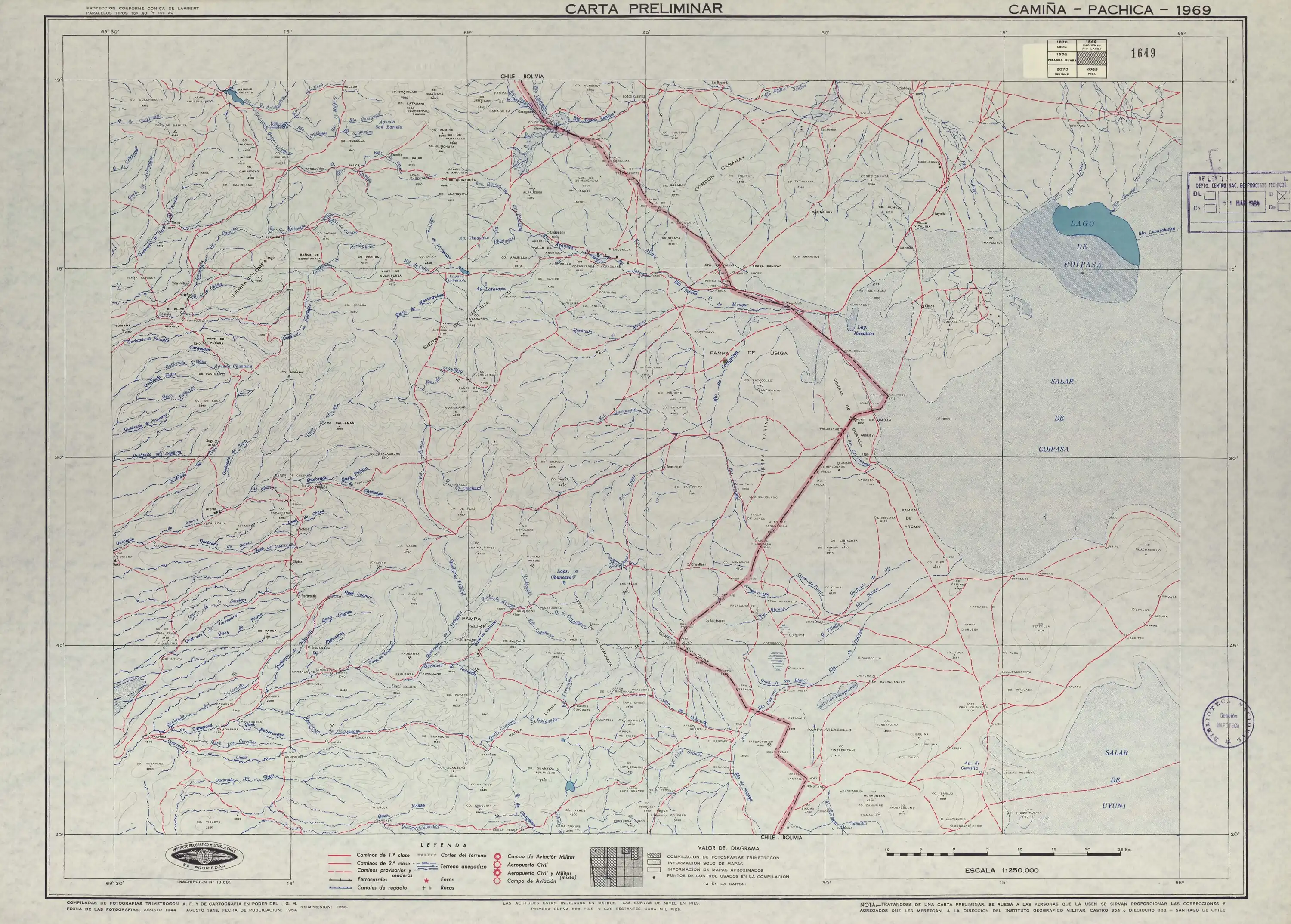La localidad de "Enquelca" o Encuelga está ubicada en el lado norte de la cuenca Arabilla-Isluga-Sitani. Mapa del Instituto Geográfico Militar (Chile) publicado en 1954 con una escala de 1:250.000. Véase también mapa IGM 1945.