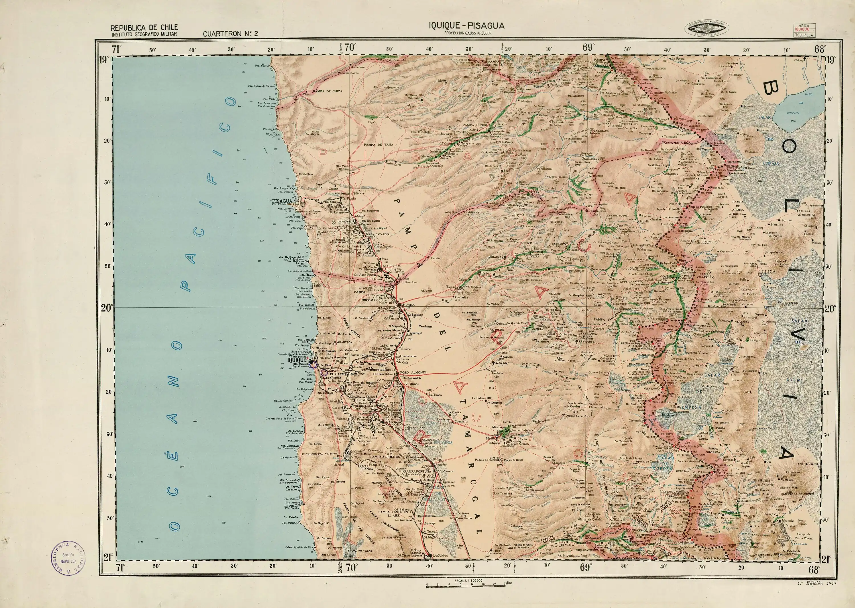 Los Baños de Puchultiza, en la mitad derecha de una sección de un mapa del Instituto Geográfico Militar de Chile publicado en 1945 en una escala de 1:500.000.