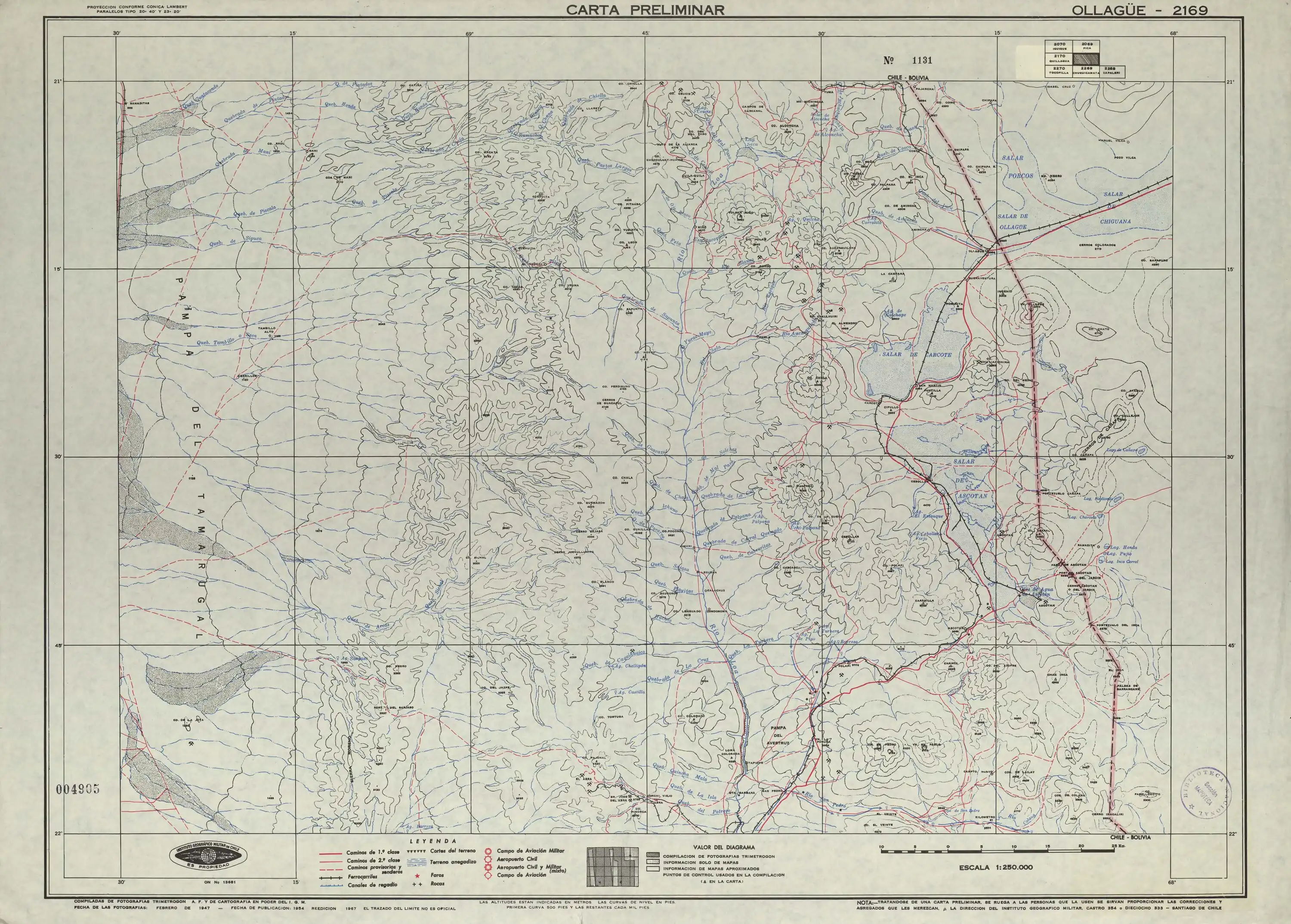 La laguna Seca en un mapa del Instituto Geográfico Militar (Chile) publicado en 1954 con una escala de 1:250.000. En este mapa aparece como quebrada de río Blanco.