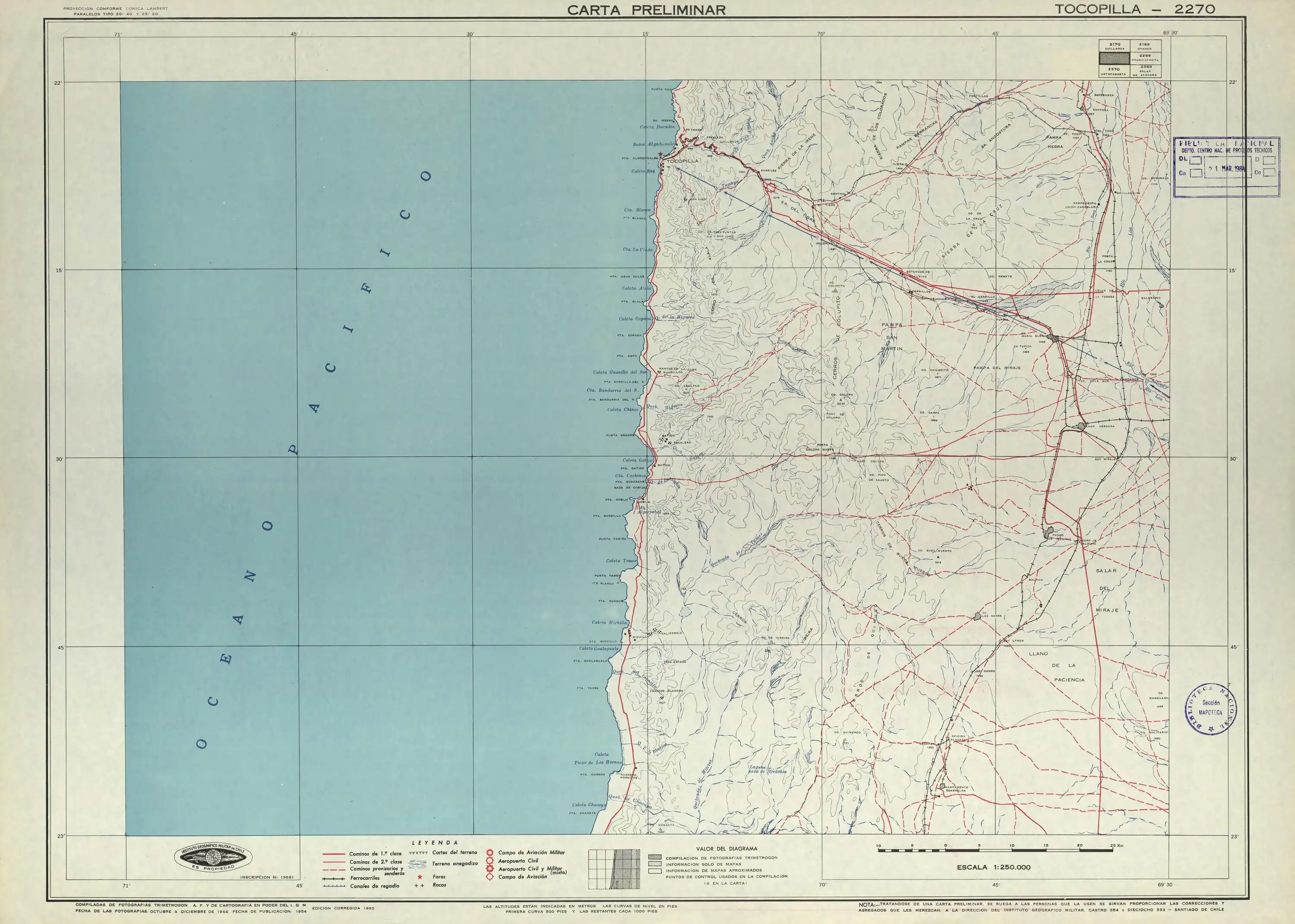 Sección de un mapa de la zona del Instituto Geográfico Militar de Chile publicado en 1954 con una escala de 1:250000.