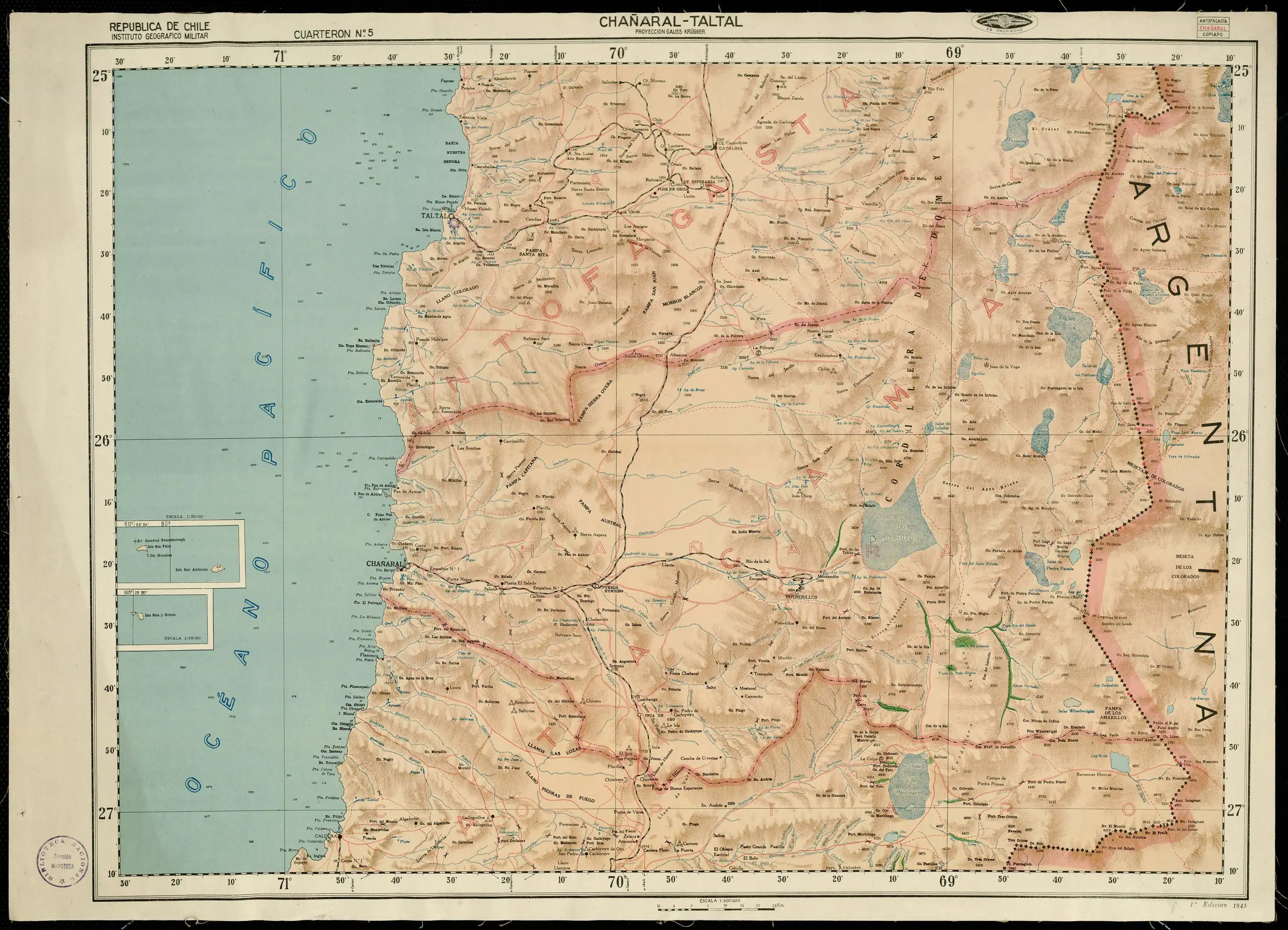 Mapa del Instituto Geográfico Militar (Chile) publicado en 1945 con un escala de 1:250000