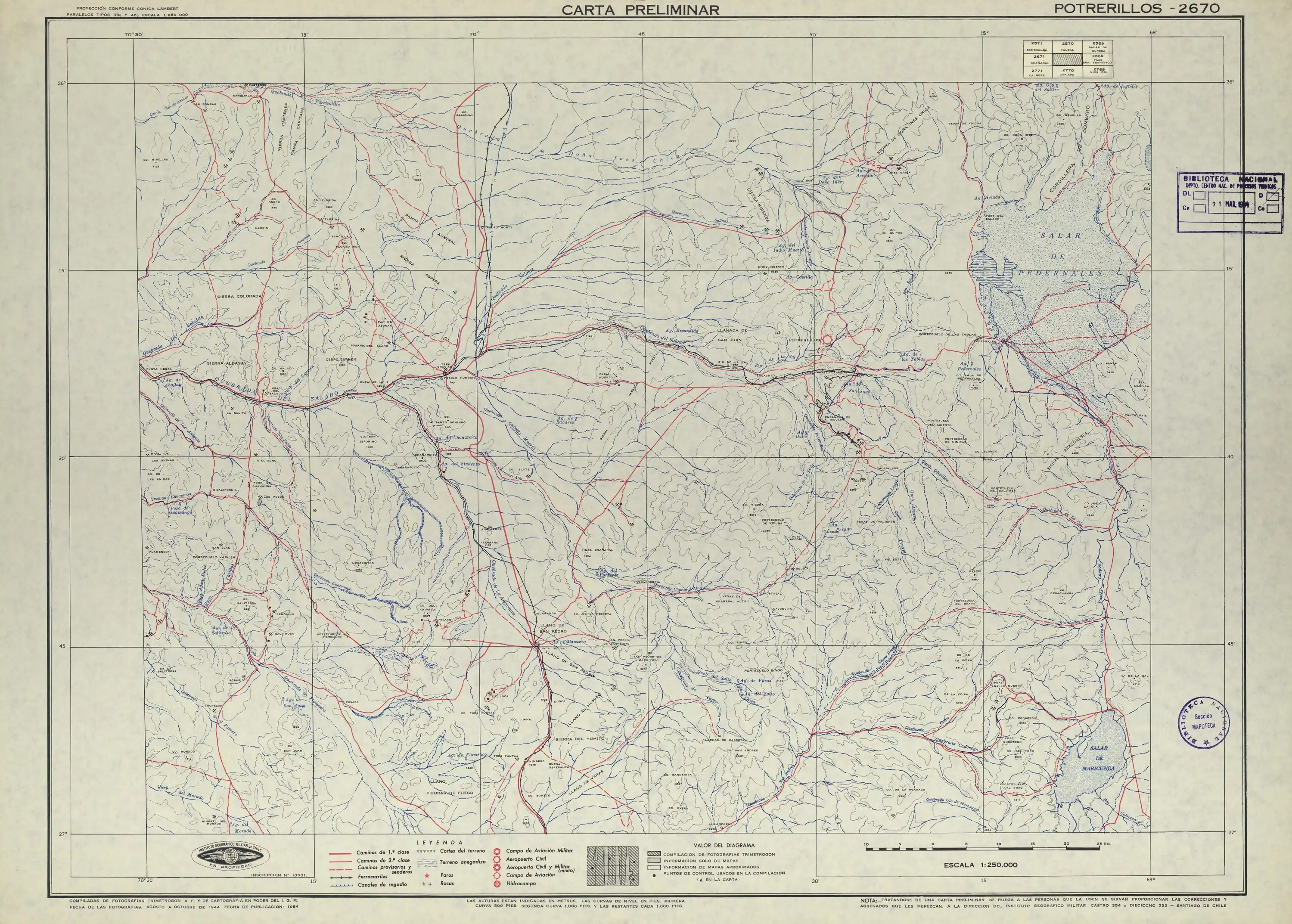 Mapa del Instituto Geográfico Militar de Chile publicado en 1954 con una escala de 1:250000. Ver también la continuación hacia el este en c:File:26°S-MP0001241.pdf.
