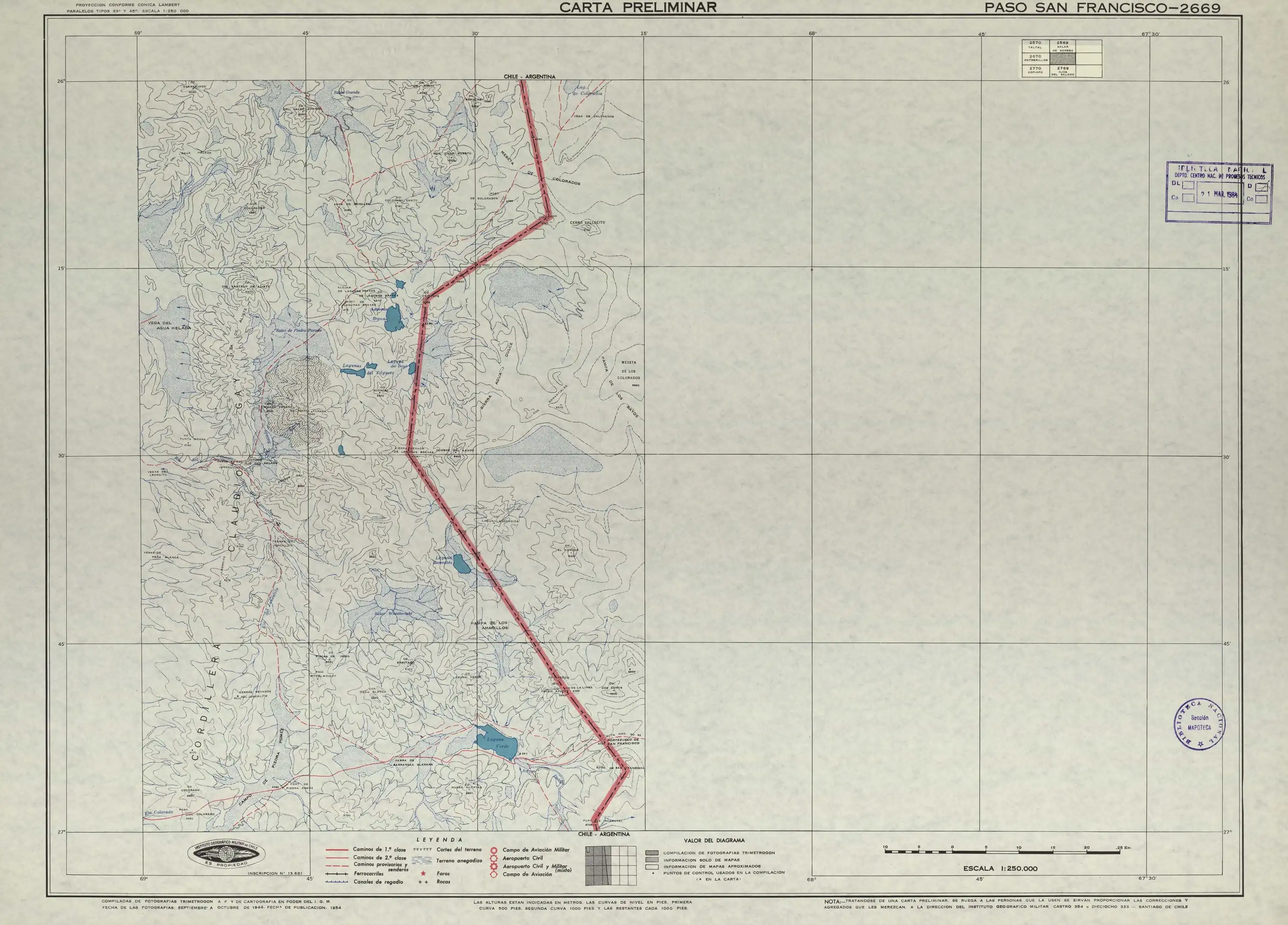 Mapa del Instituto Geográfico Militar (Chile) publicado en 1954 con un escala de 1:250000