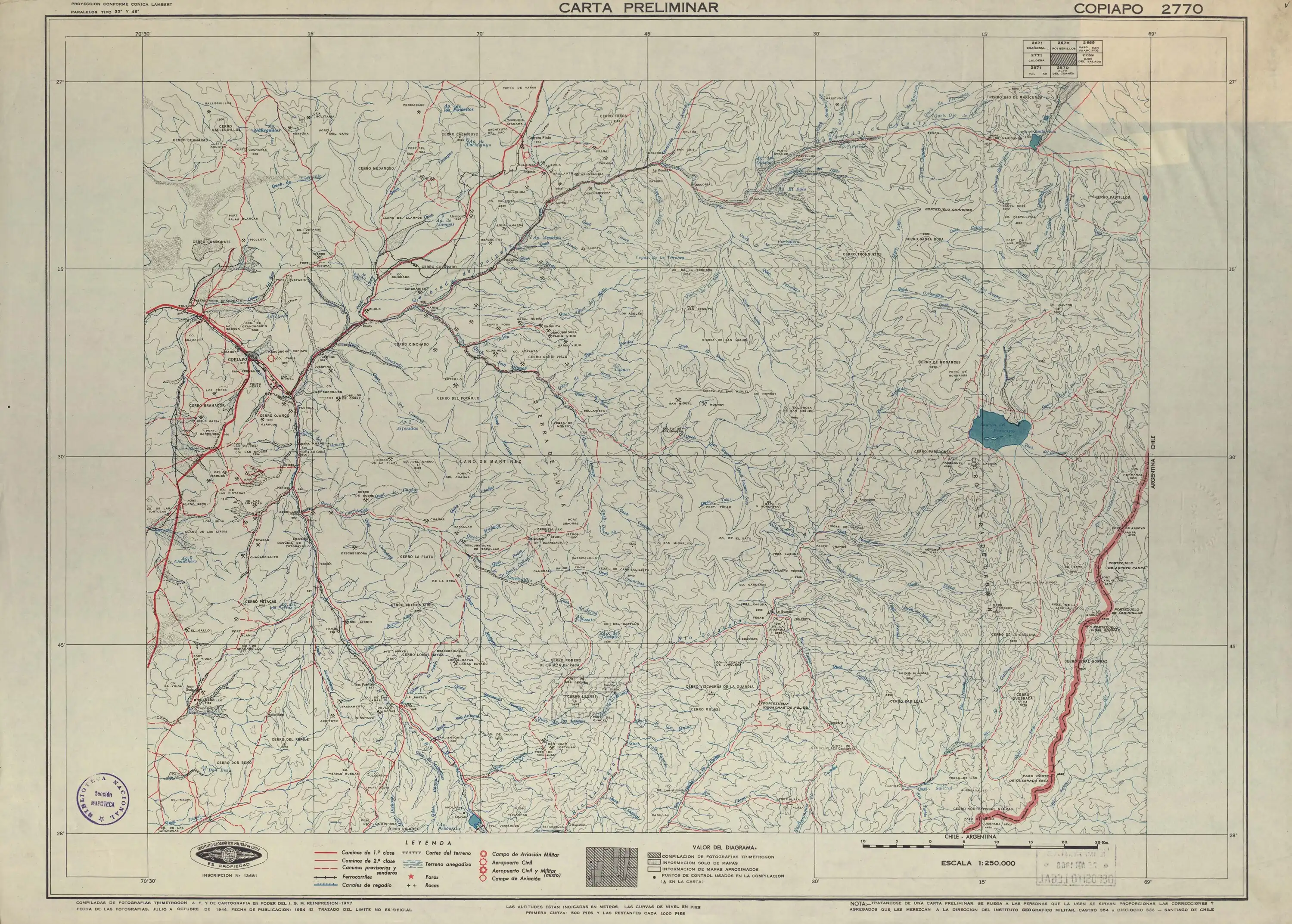 Mapa de la zona publicado por el Instituto Geográfico Militar (Chile) en 1950 en una escala de 1:250000.