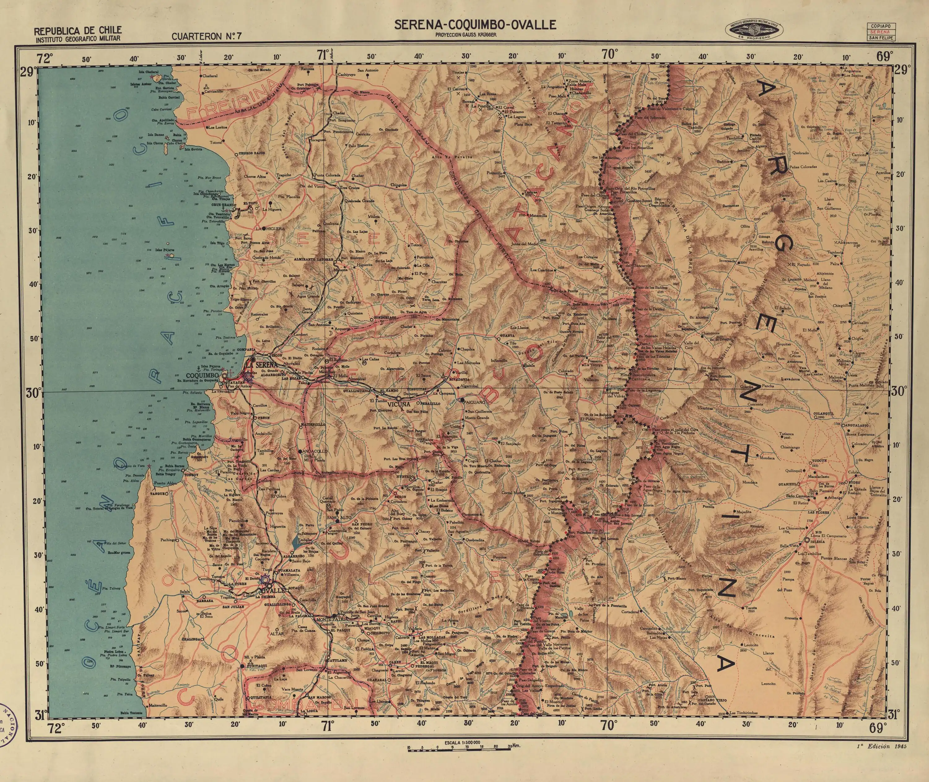 Los baños en una sección de un mapa publicado por el Instituto Geográfico Militar de Chile en 1950 con una escala de 1:500000.